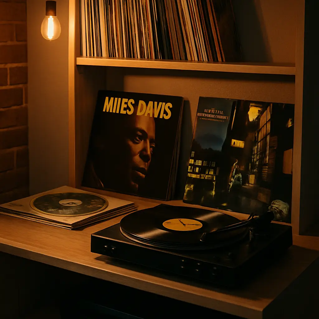 Photographie réaliste d’un espace cosy dédié à l’écoute de vinyles, avec une platine, des disques posés sur une étagère en bois clair et un éclairage chaleureux dans un style geek et rétro.