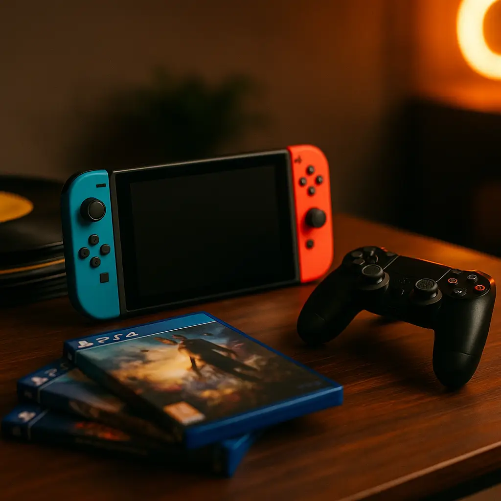 Photographie d’un coin gaming avec une console Nintendo Switch aux Joy-Con rouge et bleu, une manette PS4 noire et plusieurs boîtiers de jeux PlayStation 4 empilés sur un bureau en bois, le tout baigné d’une lumière ambiante orangée.